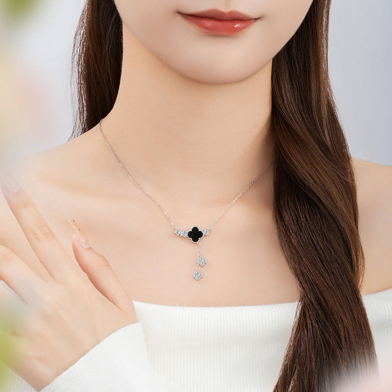 Clover Black Agate Tassel Necklace-A Sincere Heart