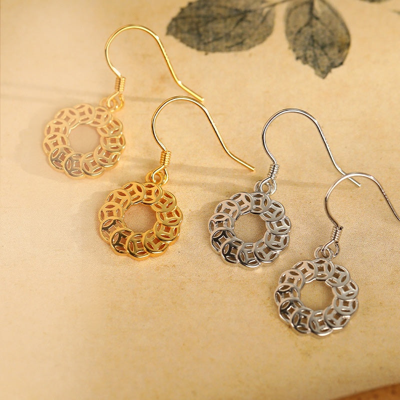 Abundant Blessings-Wealth Coin S925 Silver Dangle Earrings