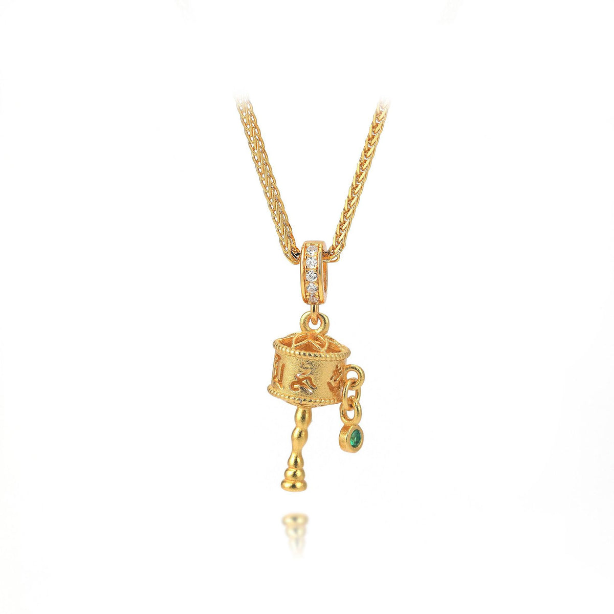 Green Agate Tibetan Prayer Wheel Gold-Plated S925 Silver Necklace-Quiet Motion