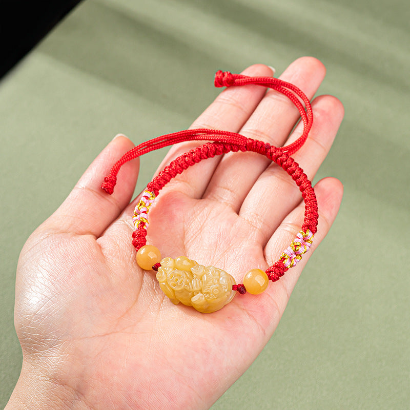 Hand-Woven Golden Silk Jade PiXiu Bracelet – Protection, Peace & Vitality