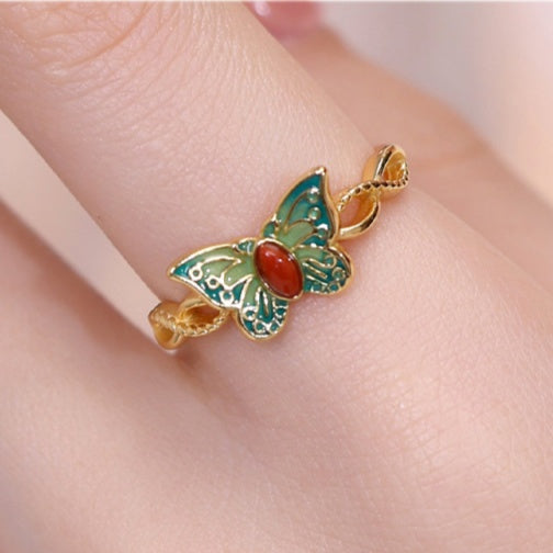 Poetry in Motion-Butterfly Enamel Red Agate Ring