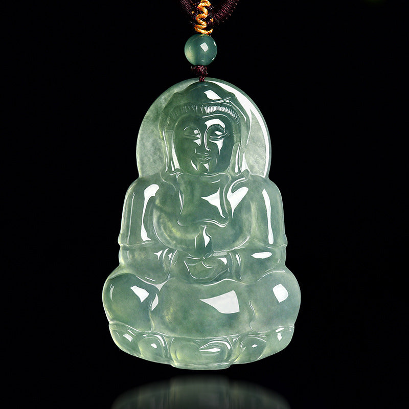 Natural Green Ice Jade Guan Yin Buddha Full Blessing Lucky Pendant