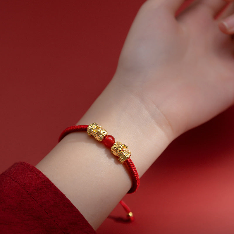 Auspicious Protection-Dual Pixiu Red Agate Red Cord Bracelet