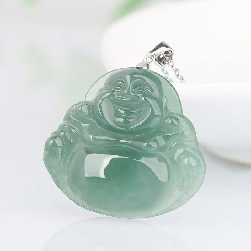 Laughing Buddha Lucky Pendant-Natural Green Jade