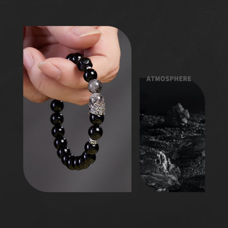 Ink Rhyme-Obsidian & Black Rutilated Quartz Beaded Bracelet