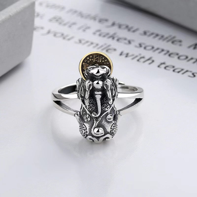 Wealth Pixiu Fengshui Coin Handmade Carved  Vintage Silver Ring-Attract Luck