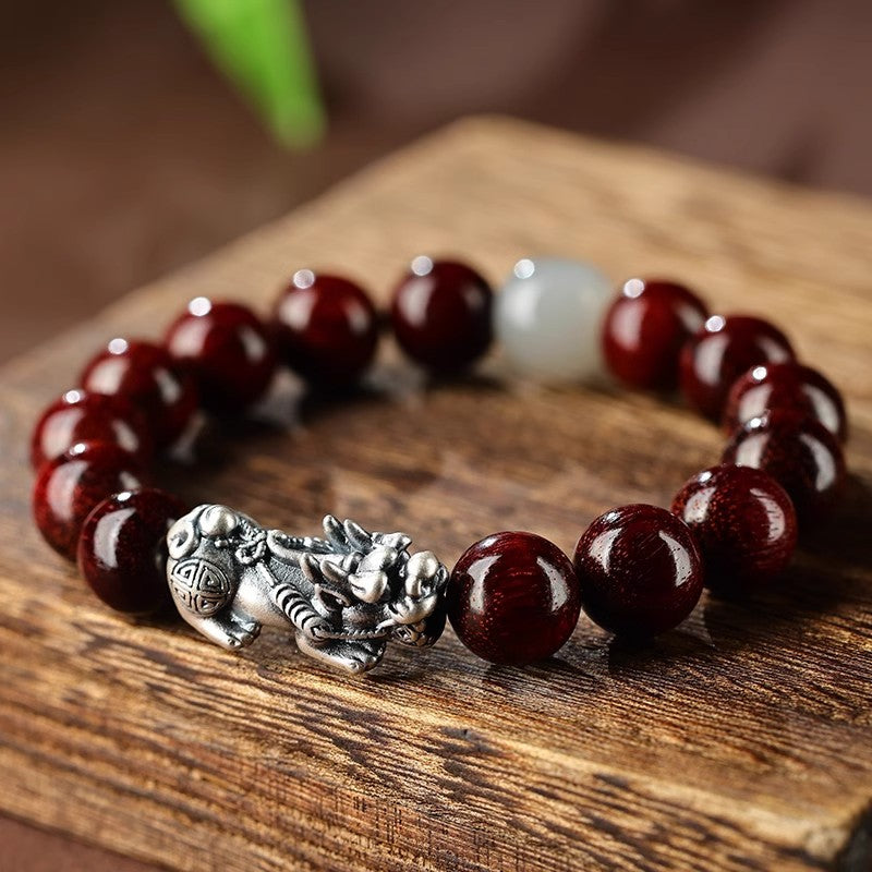 Silver Pixiu Bracelet with Rosewood & Hetian Jade-Prosperity Guardian