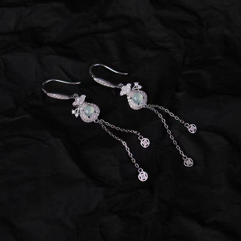 Ice Jade Money Bag Silver Drop Earrings-Luck Prosperity