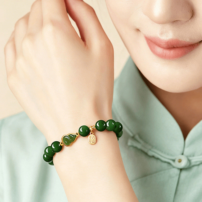 Natural Nephrite Jade Gourd & Fu Plaque Bracelet-Grounded Harmony