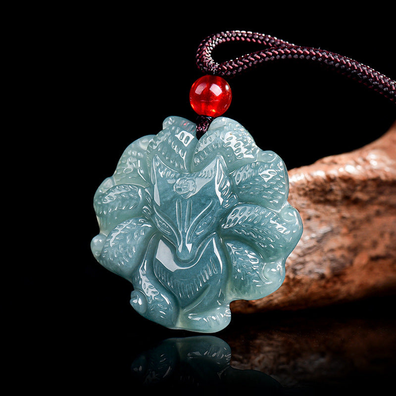 Nine-Tailed Fox Natural Blue Jadeite Pendant – Genuine A Jade Necklace in Glutinous Variety