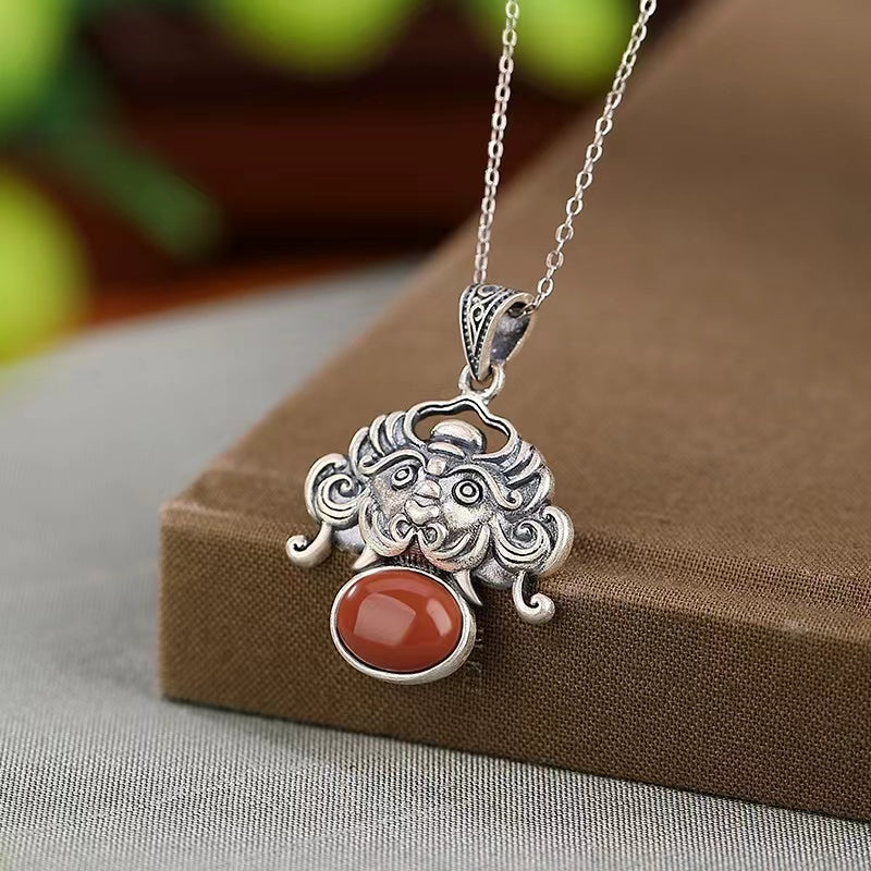 Zodiac Dragon Red Agate Silver Necklace-Luck Prosperity