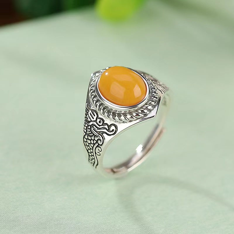 Zodiac Dragon Yellow Amber Silver Women Ring-Luck Prosperity
