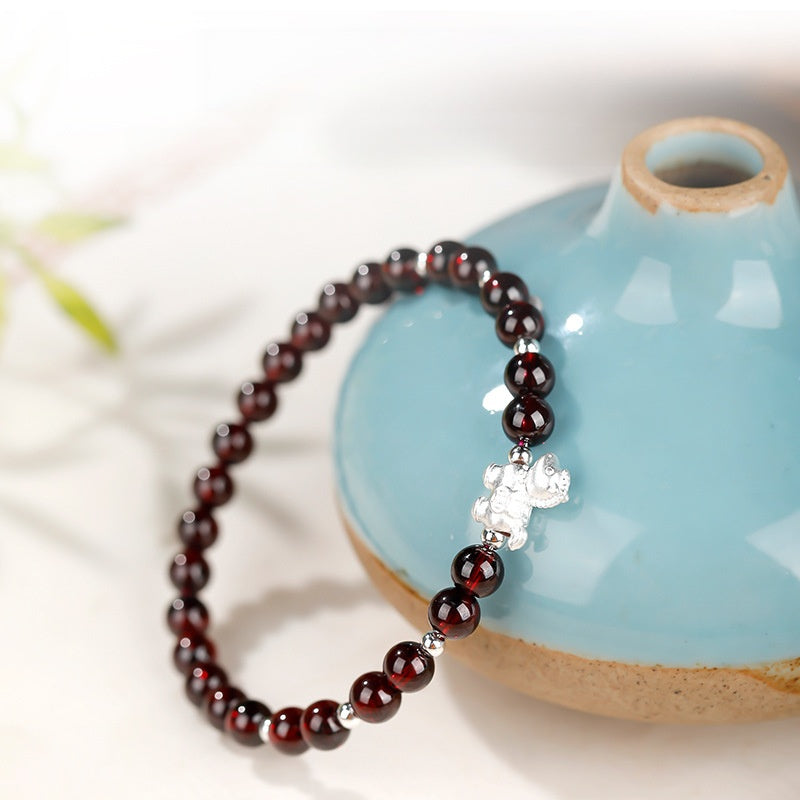 Silver Lucky Horse Garnet Bracelet-Forward with Courage