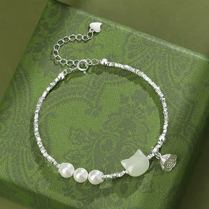 Lucky Cat White Jade Silver Nugget Bracelet-Fortune&Prosperity