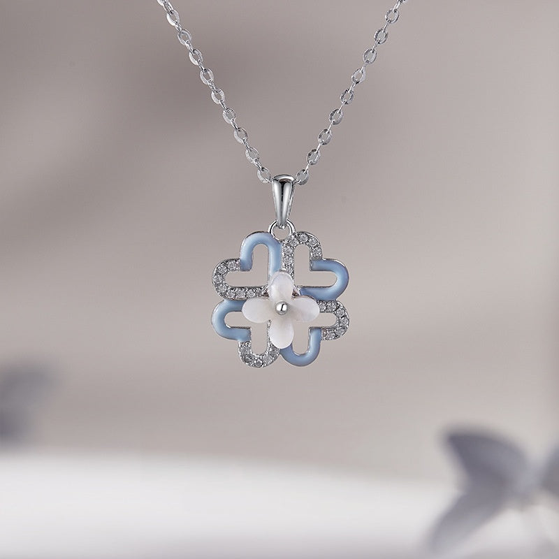 Mother-of-Pearl Blue Clover Necklace-Gentle Wishes