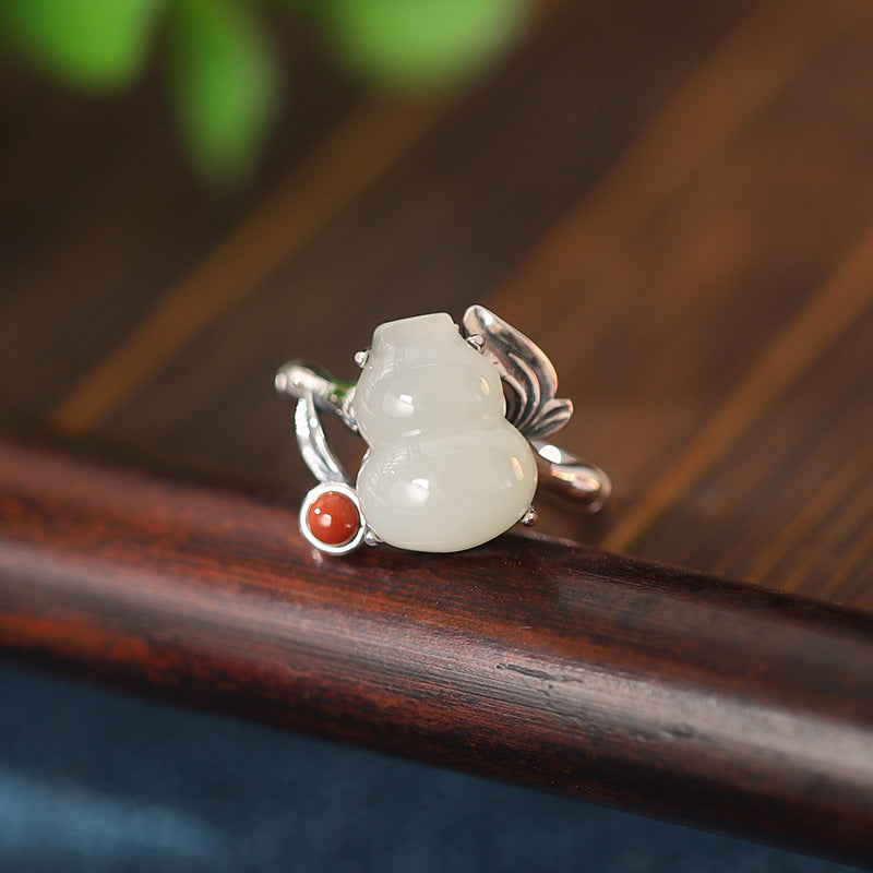 Nephrite Jade Gourd Bamboo 925 Sterling Silver Ring-Quiet Protection