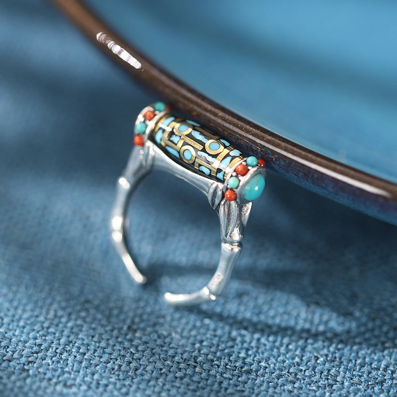 Tibetan Dzi Turquoise 925 Sterling Silver Ring-Mindful Serenity