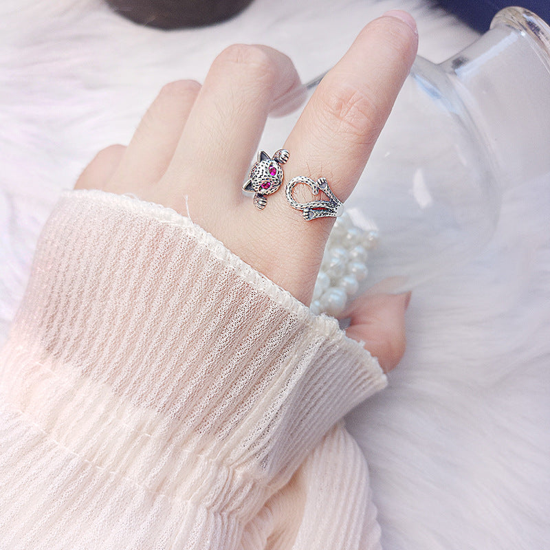 Feng Shui Wealth Cat Silver Ring