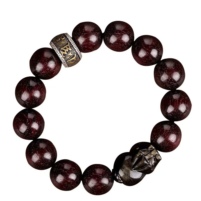 Red Sandalwood Bead Gold Obsidian Pixiu Bracelet -Attract Wealth
