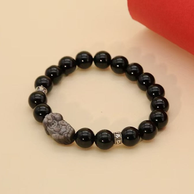 Silver Obisidian Pixiu Six True Words Bracelet-Attract Luck