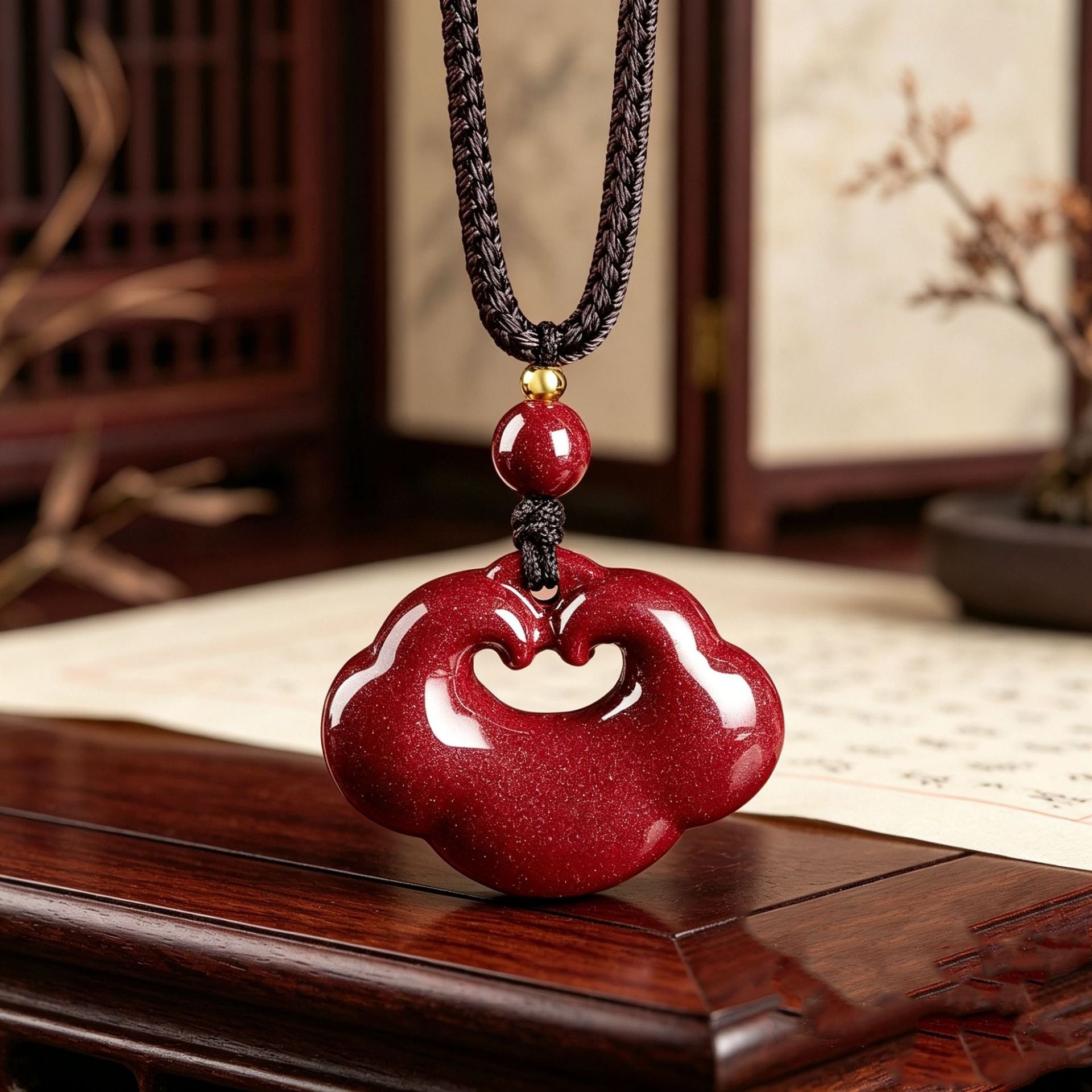 Red Cinnabar Ruyi Peace Lock Pendant Necklace-Peace Held Close