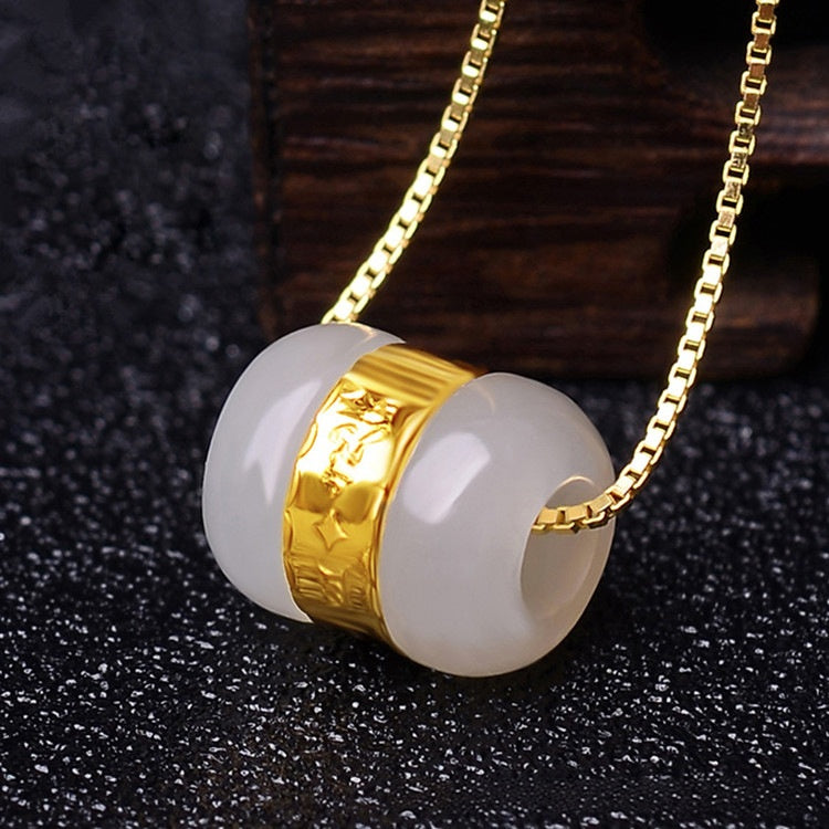 Gold Sechs Wahre Worte Mantra Weiße Jade Glücksanhänger Halskette