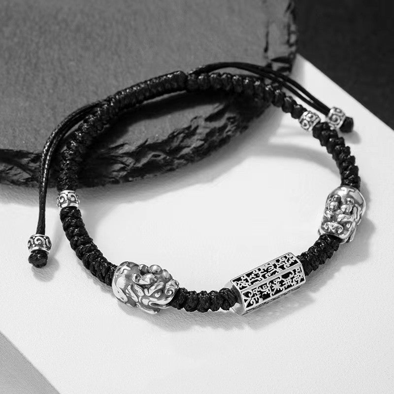 Double Silver Pixiu Men`s Bracelet-Attract Luck