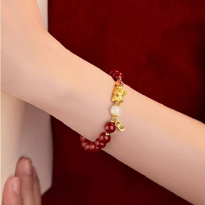 Gold Pixiu Red Cinnbar Beads Bracelet-Attract Luck