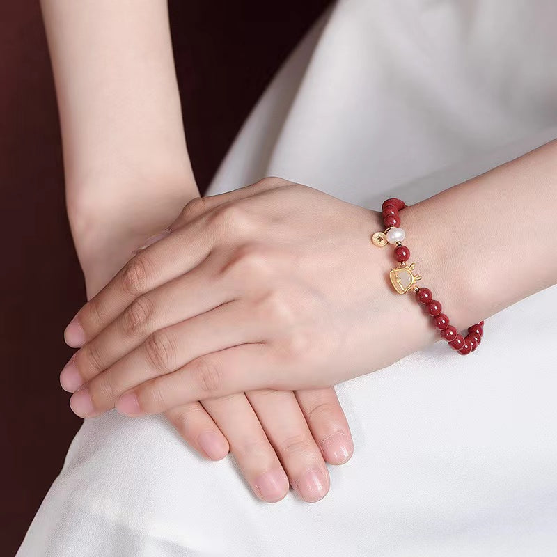 Wealth Dragon Jade Bracelet-Cinnabar Beads