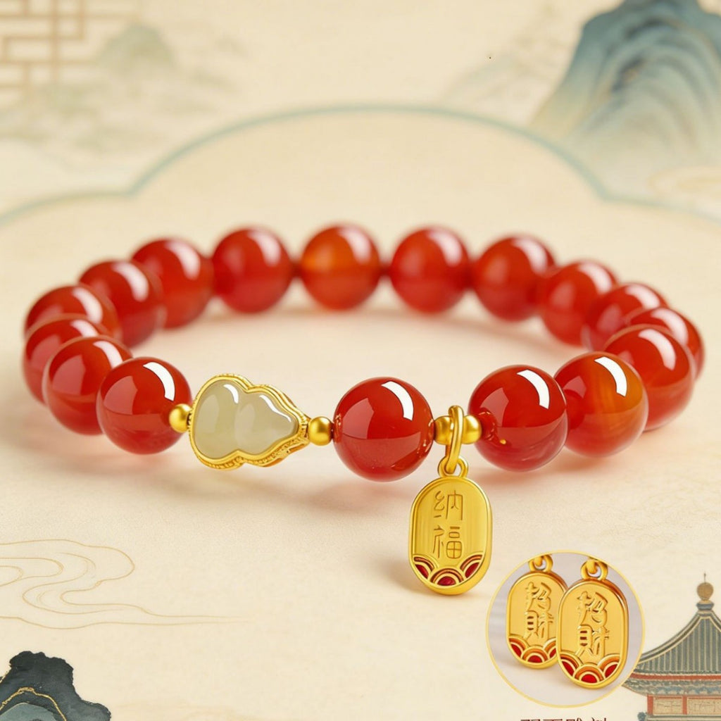Nephrite Jade Gourd Red Agate Bracelet-Blessings in Balance