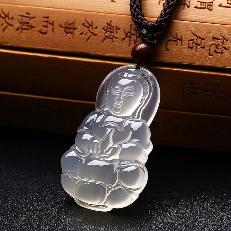 White Chalcedony Guan Yin Buddha Pendant Necklace