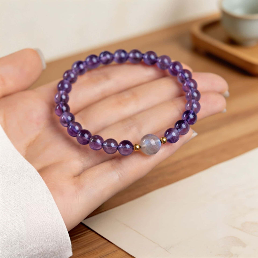 Gray Moonstone Amethyst Bracelet-Fortune in Flow