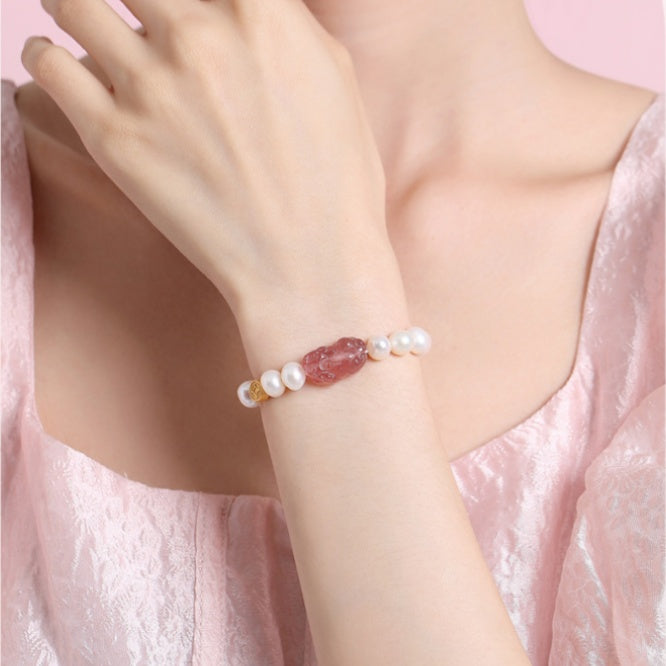 Love & Possibility-Pixiu Strawberry Quartz & Freshwater Pearl Bracelet