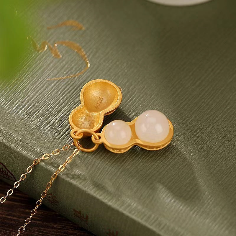 Gold Peanut White Jade Necklace-Good Fortune and Prosperity