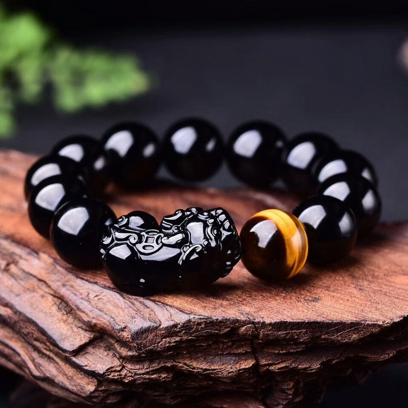 Natürlicher Regenbogen Obsidian Pixiu Gelb Tigerauge Perlen Schutz Armband