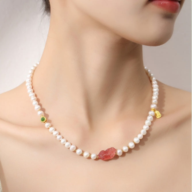 Pixiu Strawberry Quartz Sunstone Freshwater Pearl Bracelet-Joyful Blessings
