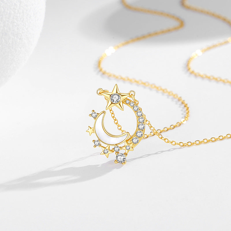 Crescent Moon Star Mother-of-Pearl Pendant Necklace-Dreamlit Reverie