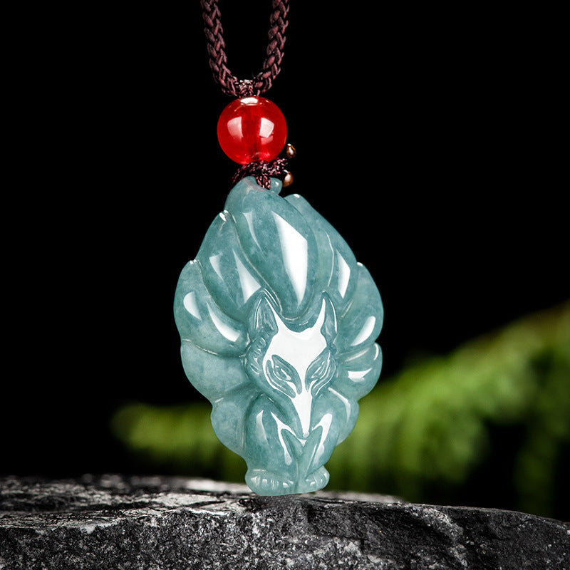 Blessing Longevity Nine-Tailed Fox Jade Pendant Necklace