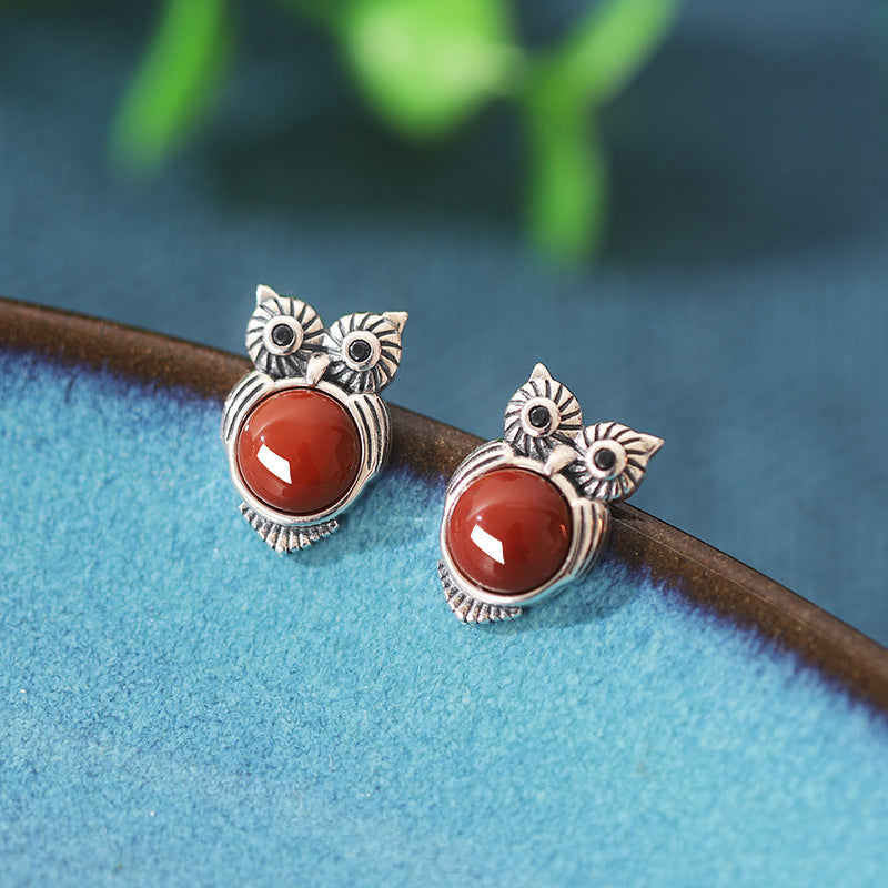 Quiet Wisdom-Owl Red Agate Sterling Silver Stud Earrings