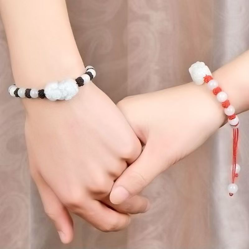 Grand A Natural White Jade Pixiu Red Rope Wealth Bracelet