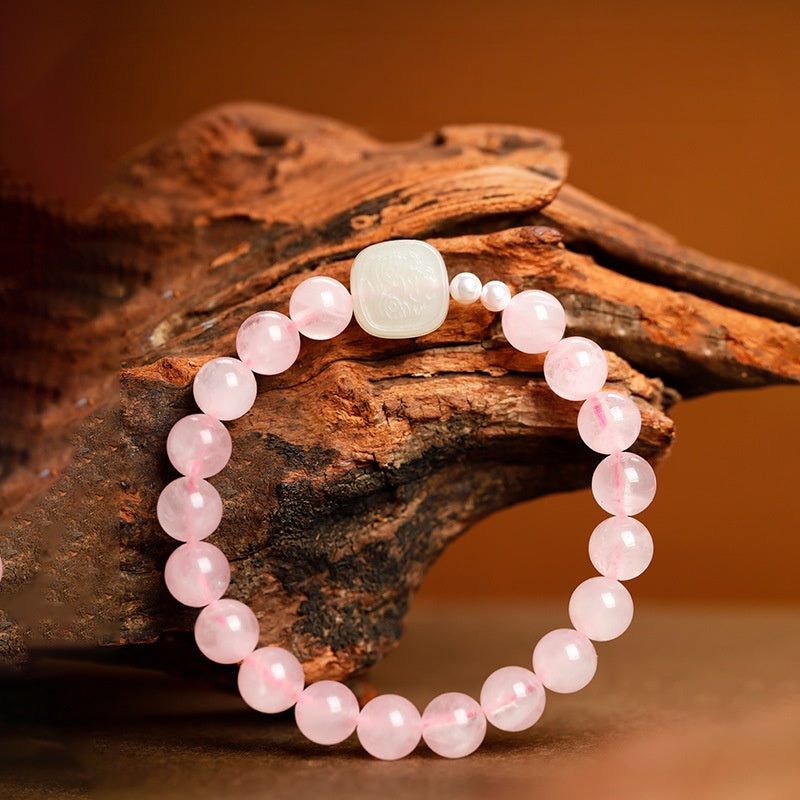 White Jade Zashi Lhamo Rose Quartz Bracelet-Auspicious Encounters