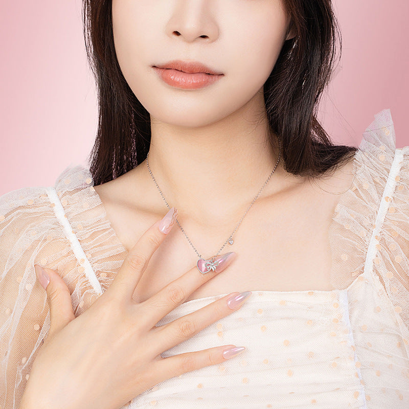 Heart and Bow Sterling Silver Necklace-You Make Me Flutter