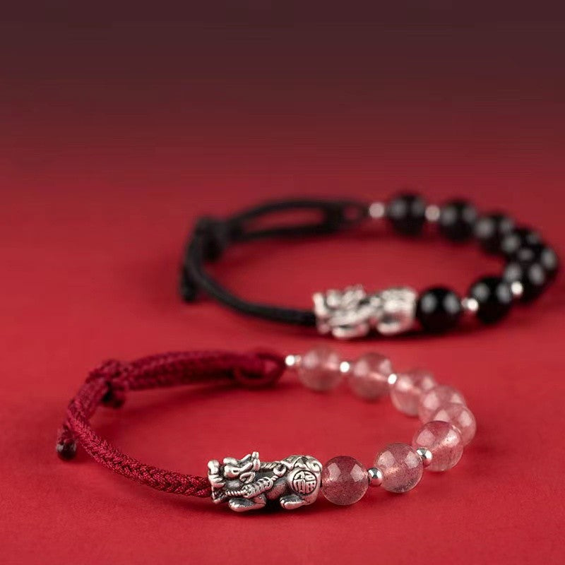 Silver Pixiu Obsidian Beads String Bracelet-Attract Luck