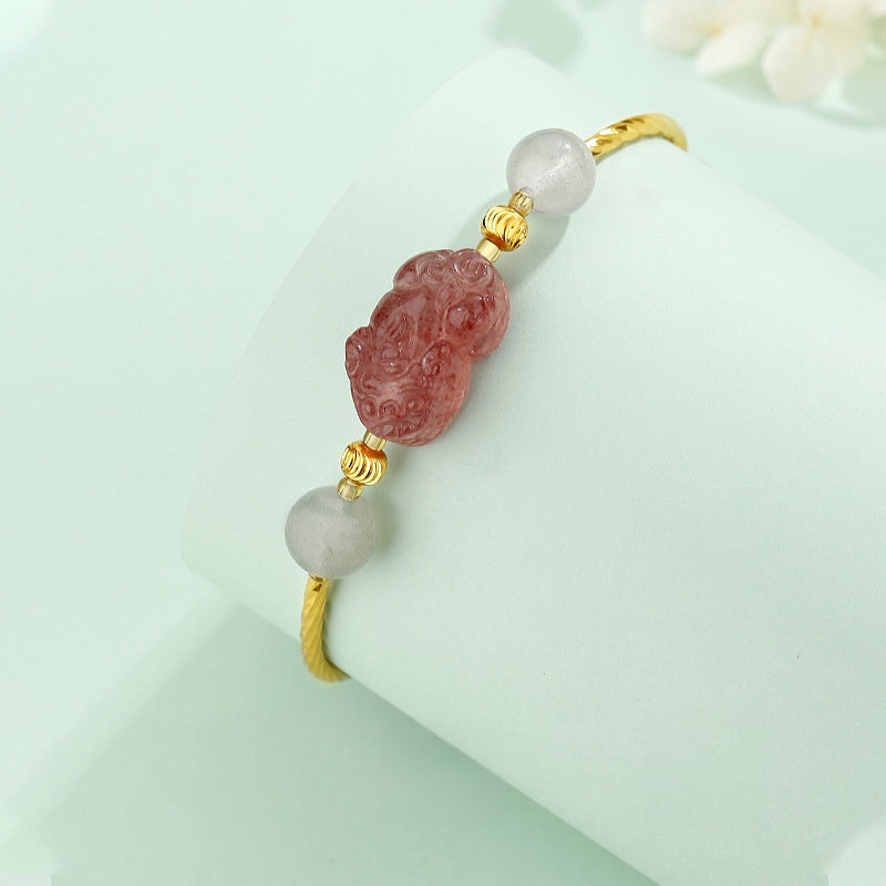 Strawberry Quartz Pixiu & Moonstone Bracelet–Fortune, Love & Emotional Harmony