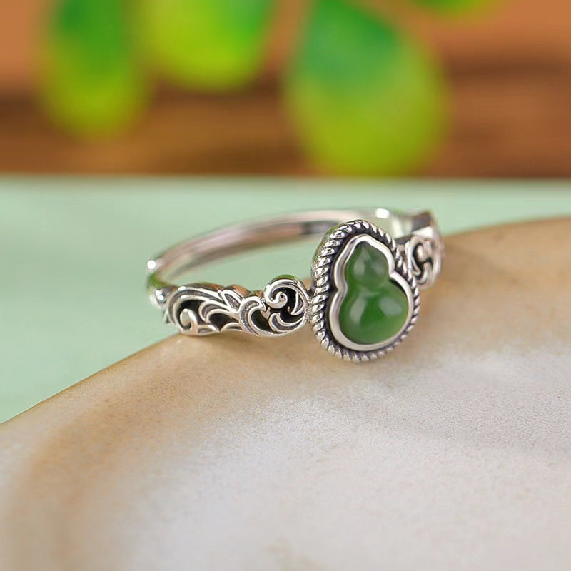 Green Jade Calabash Silver Ring-Fortune Prosperity