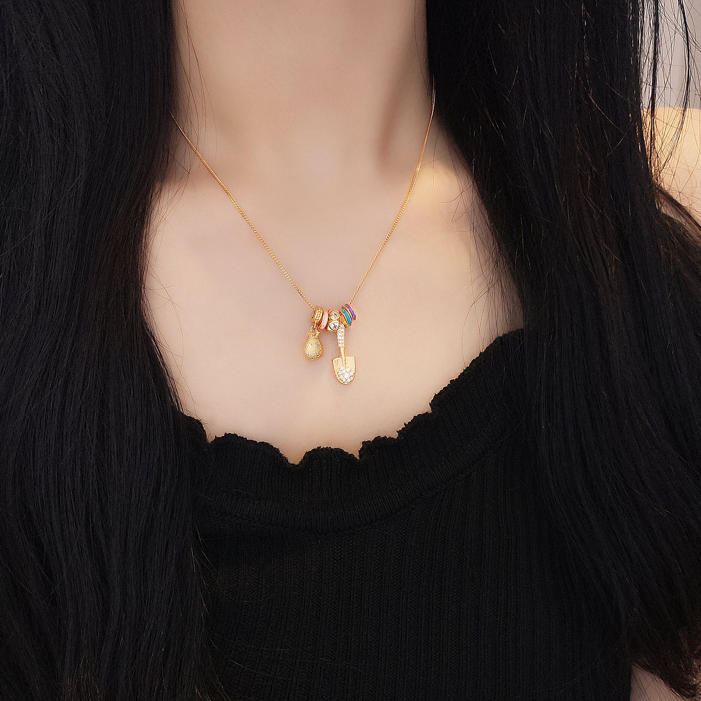 Gold Shovel & Blessing Pouch Necklace – Dig for Joy and Blessings