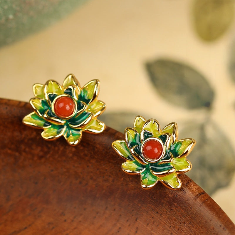 Lotus Red Agate Stud Earrings-A Quiet Unfolding