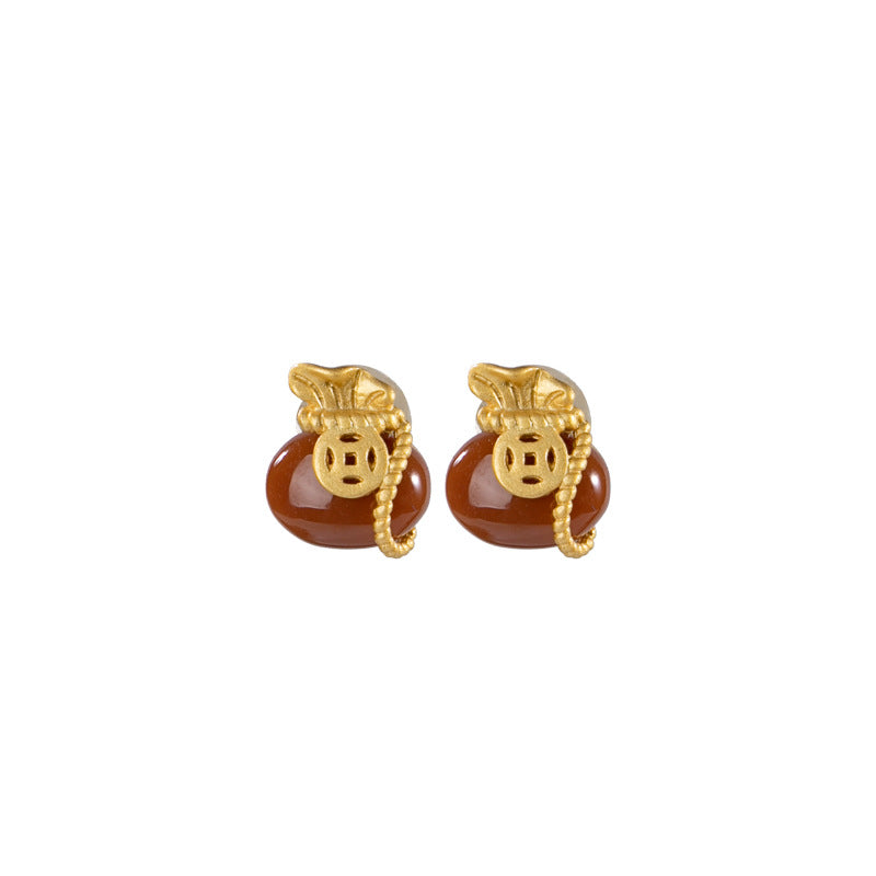Red Agate Fortune Bag Earrings – 18K Gold-Plated Sterling Silver Studs