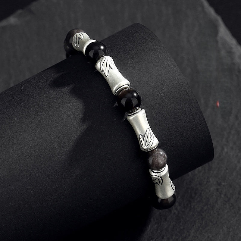 999 Sterling Silver Bamboo Bracelet – Black Obsidian Men’s Bracelet for Success & Steady Growth