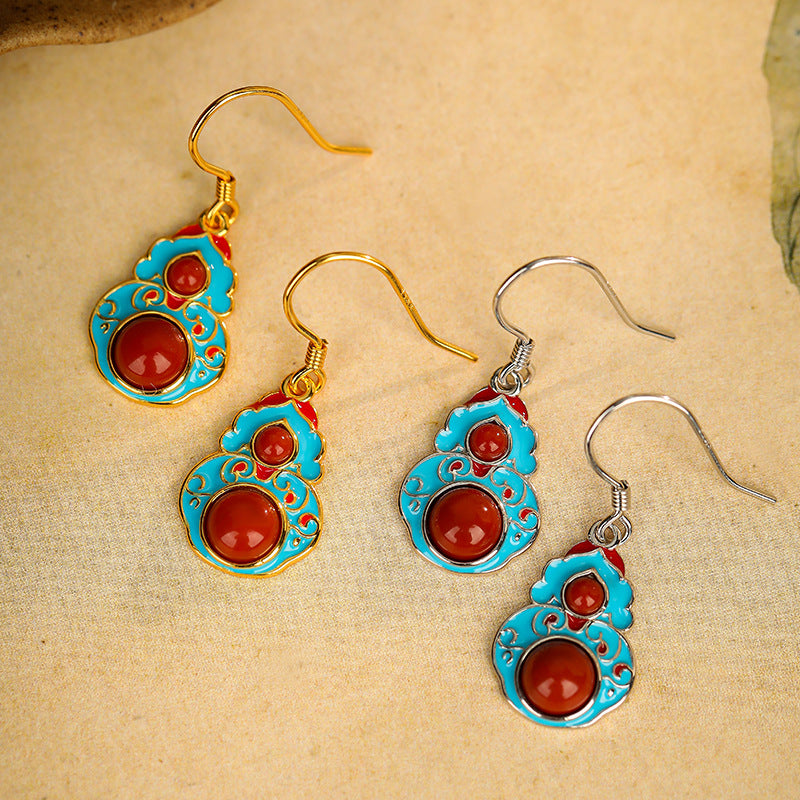 Gourd Red Agate Cloisonné Drop Earrings-Abundant Blessings